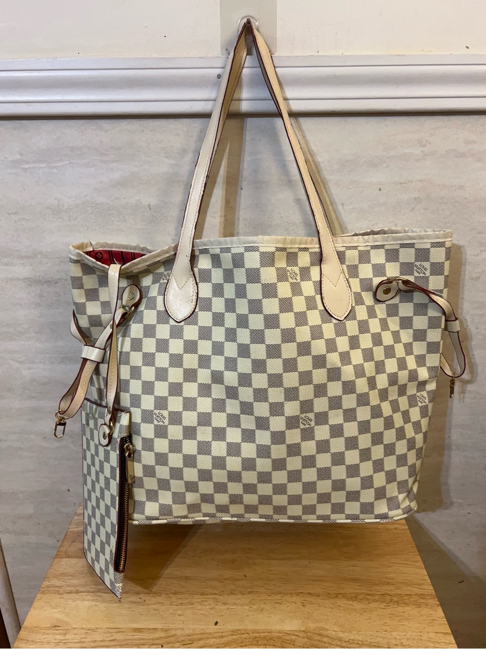 Designer Inspired Neverfull Checkered Tote, Matching Pouch